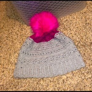 Handmade starry night slouchy beanie w/fur Pom Pom